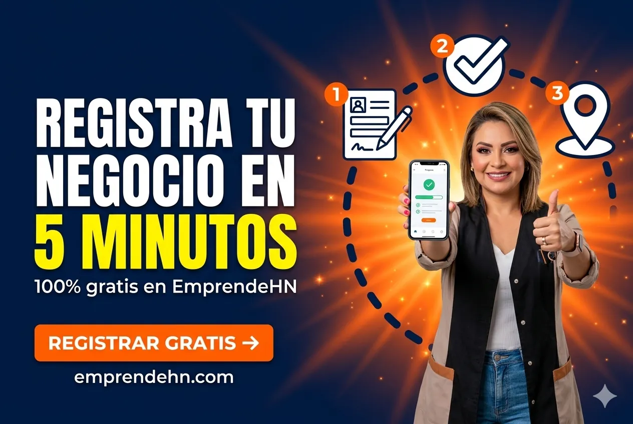 Emprendedora muestra en su celular el registro de su negocio completado en tres pasos: «Registra tu negocio en 5 minutos, 100% gratis en EmprendeHN». Registrar gratis en emprendehn.com