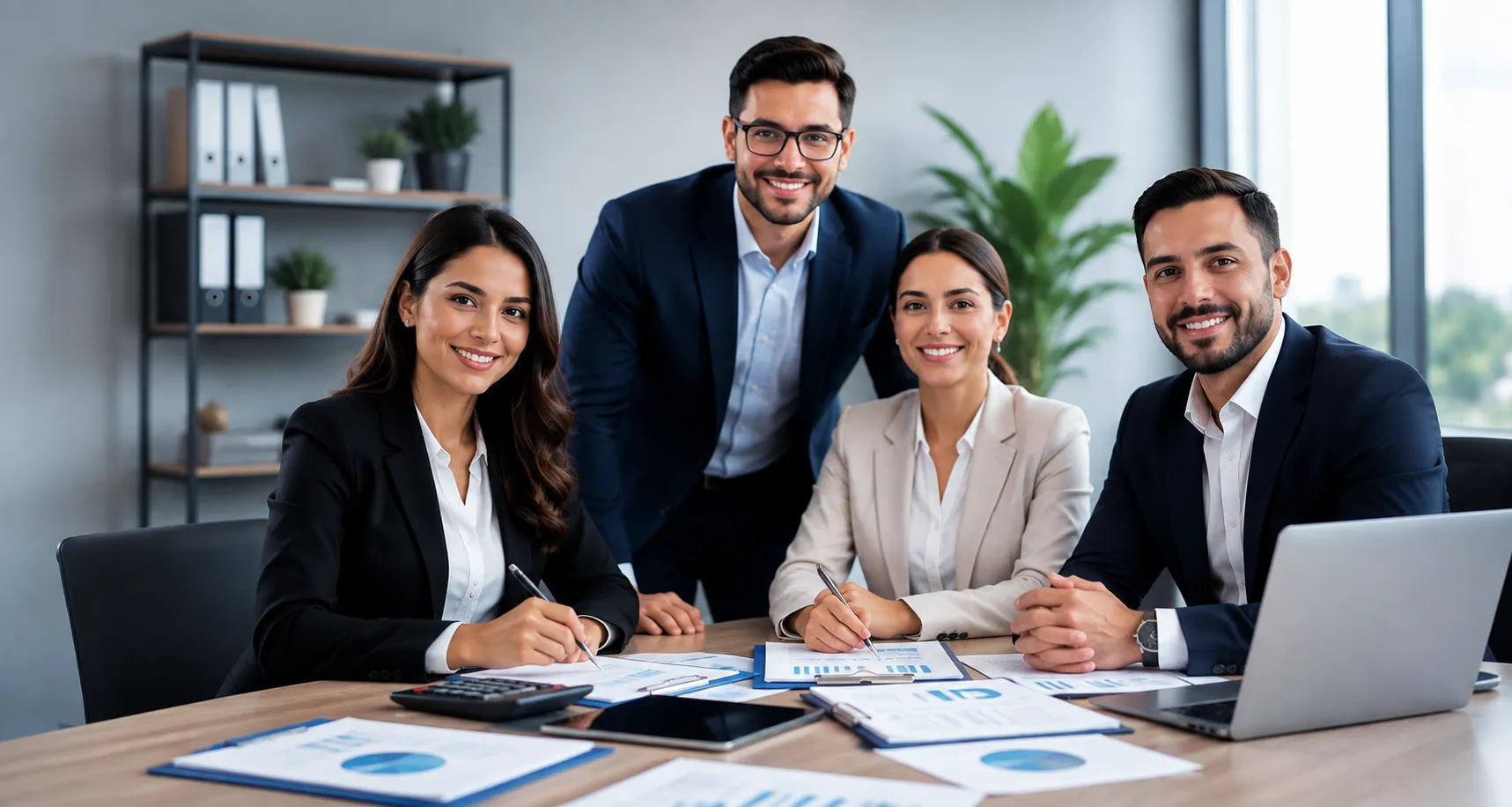 Equipo de contadores de Grupo Z&H revisando reportes financieros en su oficina
