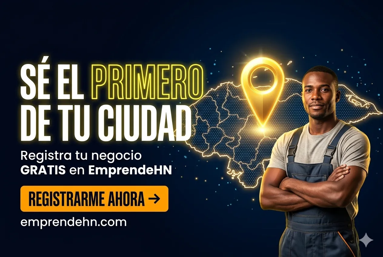 Emprendedor con los brazos cruzados frente a un mapa iluminado de Honduras: «Sé el primero de tu ciudad. Registra tu negocio gratis en EmprendeHN». Registrarme ahora en emprendehn.com