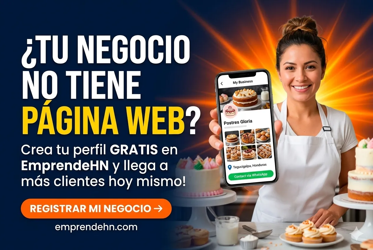 Emprendedora de repostería muestra en su celular el perfil de su negocio: «¿Tu negocio no tiene página web? Crea tu perfil gratis en EmprendeHN y llega a más clientes hoy mismo». Registrar mi negocio en emprendehn.com